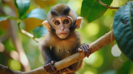 Cute small monkey sitting on branch, looking at camera generated by AI