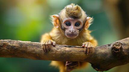 Obraz premium Cute small monkey sitting on branch, looking at camera generated by AI