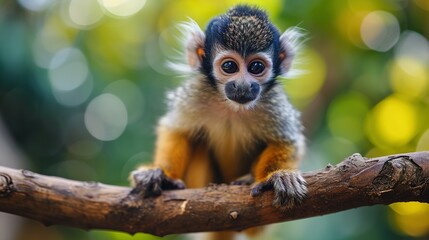 Naklejka na ściany i meble Cute small monkey sitting on branch, looking at camera generated by AI