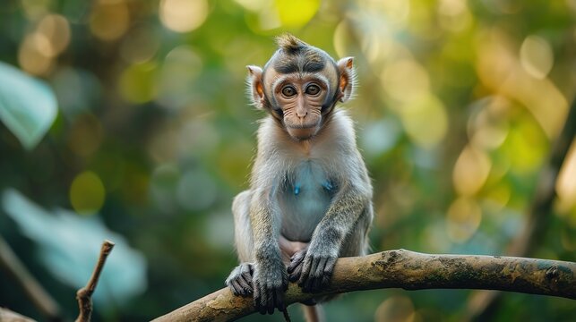 Cute small monkey sitting on branch, looking at camera generated by AI