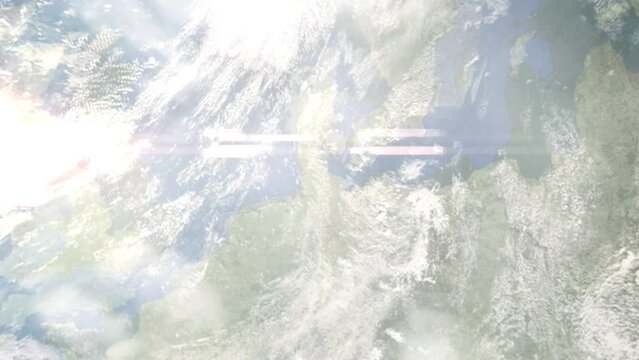 Zoom in from space and focus on Rendsburg, Germany. 3D Animation. Background for travel intro. Elements of this image furnished by NASA.