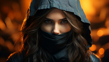 A beautiful young woman with long brown hair looking at camera generated by AI