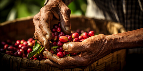 Obraz premium hands harvesting fresh ripe coffee beans