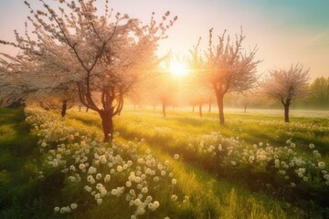 Vivid spring scenery with blossoming tree and sunlight. Colorful flowers adorn the orchard. Generative AI