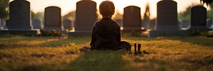 Sad child at a gravestone in a cemetery near a monument. Concept: grief from the loss of a loved one, burial and depression.
 - obrazy, fototapety, plakaty
