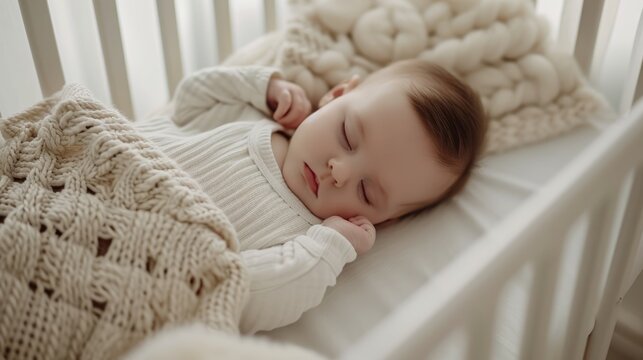 A serene image of a newborn baby in peaceful slumber, lying in a cozy white crib adorned with a delicate pattern, symbolizing innocence and new beginnings