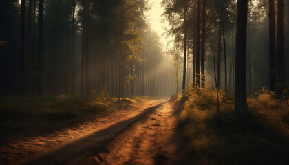 Mysterious autumn forest, foggy path, sunlight reveals nature tranquil beauty generated by AI