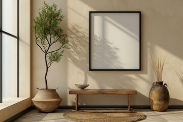 Empty Black Frame on Beige Wall with Minimalist Interior, Tree, and Table, 3D
