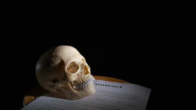 Denied personal contract. A view of papers with human skull against black background. A concept of somebody denied personal agreement.