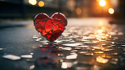 a broken heart on the asphalt, a glass heart broken into small pieces, anti-valentine's day and break up concept - obrazy, fototapety, plakaty