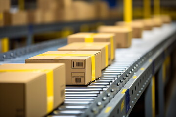 Packages on a conveyor belt in a warehouse