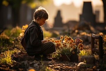 A child at a gravestone in a cemetery with a bouquet of flowers. Concept: grief from the loss of a loved one, burial and depression.
 - obrazy, fototapety, plakaty