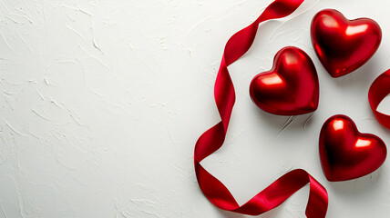 Two red hearts and a satin red ribbon on light background with copy space. Valentine's Day concept. Glossy red hearts and satin ribbon on textured white background. Love and romance theme