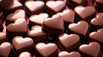 Fototapeta premium heart shaped chocolates, A close up of chocolate hearts on a table, Heart shaped chocolate candies background. Sweets background. Top view.