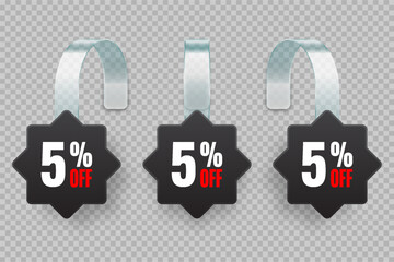 Supermarket promotional wobblers. Realistic black wobbler template for shelf advertising, 5 percent off discount. Sale label with ad text. Special offer price tag. Vector illustration