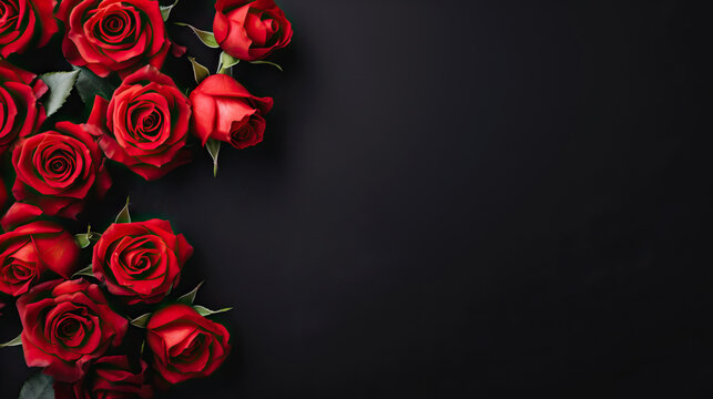 Valentines day border with red roses border on a black background  with copy space for text. Top view.
