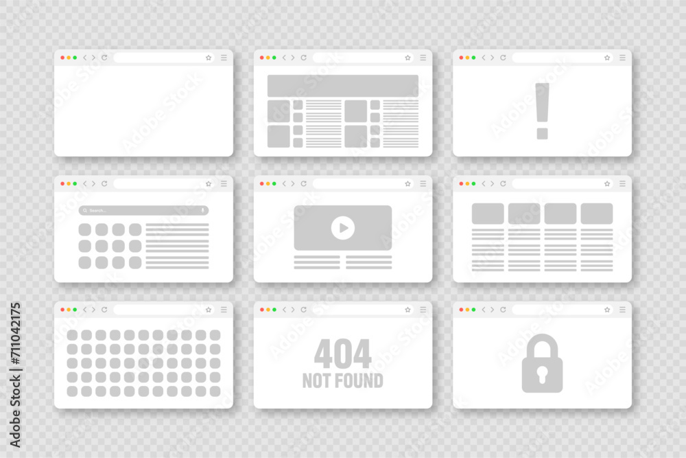 Poster web browser window, pages layout with toolbar and search field. modern website, internet page in fla