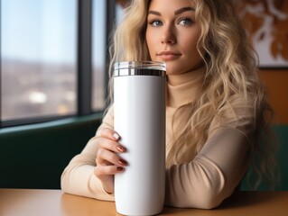 Young blonde woman holding a white tumbler