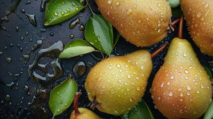 Fresh juicy pears with water drops. Healthy fruits background - obrazy, fototapety, plakaty
