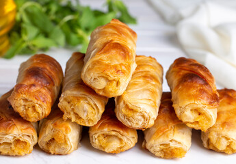 Potato roll pie. Turkish Tepsi Boregi, Round Borek, Tray pastry (Turkish name; rulo borek - sigara boregi)