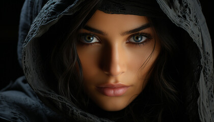 Young adult woman with brown hair, looking at camera sensually generated by AI