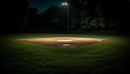 Bright summer night, baseball team playing outdoors generated by AI - obrazy, fototapety, plakaty