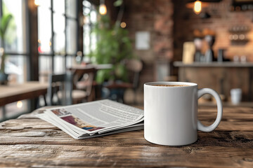 Coffee cup and newspaper on wooden table in coffee shop background. Mockup