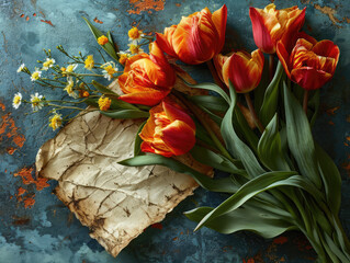 Fresh orange tulips laid on rustic vintage paper, a blend of nature and artistry.