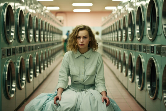 A young woman sits contemplatively on the floor of a laundromat, flanked by rows of machines.National laundry day activities.Emotional distress.Stress Awareness Day. World mental health day. - Powered by Adobe
