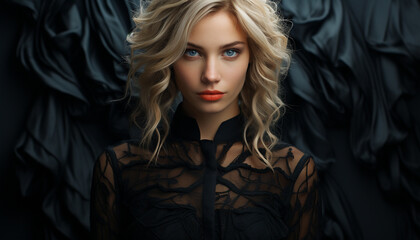 A beautiful blond woman exudes elegance and sensuality in fashion generated by AI