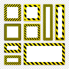 Various blank warning signs with diagonal lines. Red attention, danger or caution sign, construction site signage. Realistic notice signboard, warning banner, road shield. Vector illustration