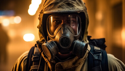 One person in military workwear protects against danger and pollution generated by AI - obrazy, fototapety, plakaty