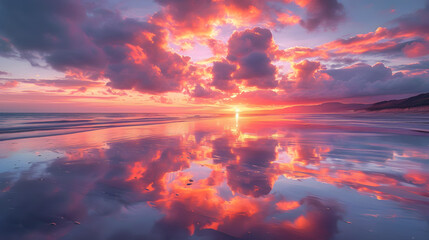 A stunning image of a sunset with clouds reflected on the sand 