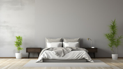 Modern bedroom interior with a gray wall and a spacious bed with decorative pillows. Two wooden bedside tables and trendy green plants. Design in the style of minimalism and comfort. Home bedroom.
