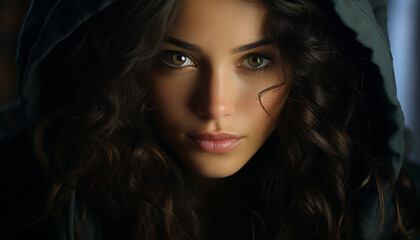 A beautiful young woman with long brown hair looking at camera generated by AI