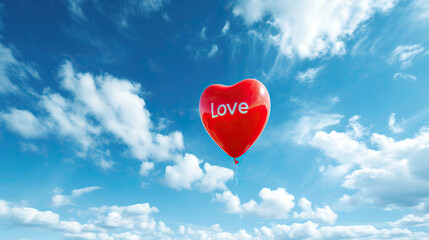  A red heart shaped balloon with the word love written on it in front of a blue sky with white clouds - obrazy, fototapety, plakaty