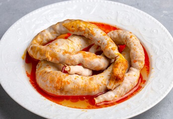 Traditional delicious Turkish cuisine, Middle Eastern dishes, offal dishes, stuffed sheep intestines (Turkish name; Mumbar dolmasi)