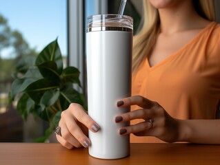 woman holding a white tumbler with a clear straw