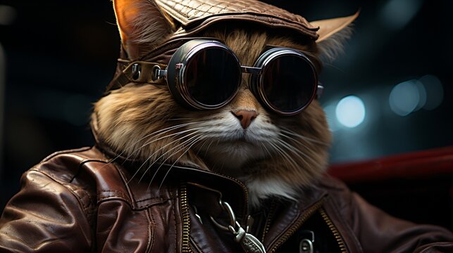 Cat wearing a leather aviator cap and goggles
