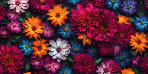 Fototapeta na wymiar Colorful background of many bright flowers of different types. Nature illustration