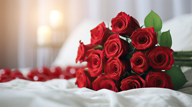 a bouquet of pink roses on a bed in a hotel room for valentine's day