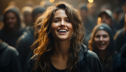 Smiling young adults, happiness, cheerful women, group of people outdoors generated by AI