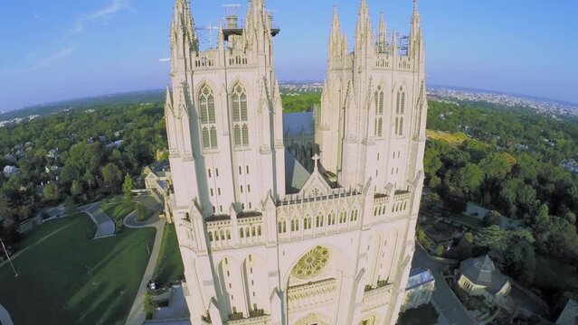 Washington National Cathedral lit by sunlight at summer day.