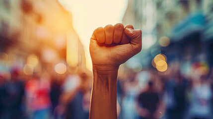 Against the backdrop of a political demonstration, a raised fist symbolizes the shared determinati - obrazy, fototapety, plakaty