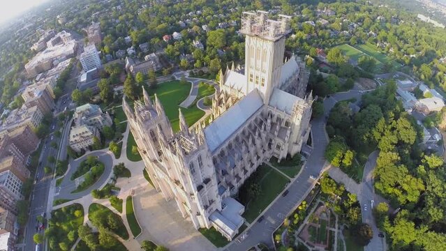 Street traffic near Washington National Cathedral at summer