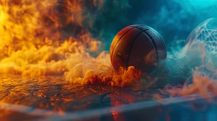 Fotobehang A basketball's trajectory is highlighted against a colorful, smoky background, adding an element o © JVLMediaUHD