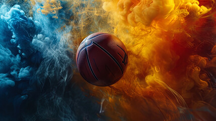 A basketball in flight takes center stage against a backdrop of colorful smoke, capturing the esse
