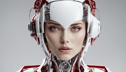 Robot android. Female robot. Portrait of a cyborg woman. Fantastic humanoid robot. Blank background AI generated