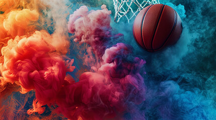 A basketball in play becomes a captivating subject against a canvas of vibrant smoke, blending ath - obrazy, fototapety, plakaty