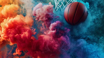 Foto op Plexiglas A basketball in play becomes a captivating subject against a canvas of vibrant smoke, blending ath © JVLMediaUHD